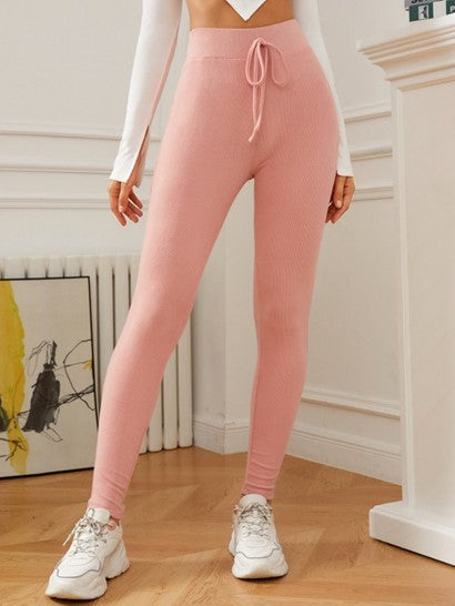 Solid Ribbed Tie High Waisted Leggings